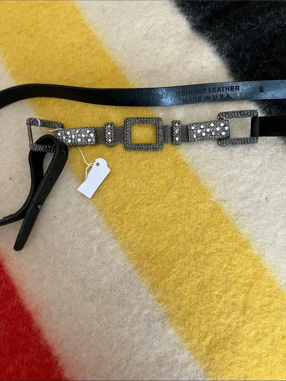 Black Leather Women's Belt with Rhinestone Square Hardware
